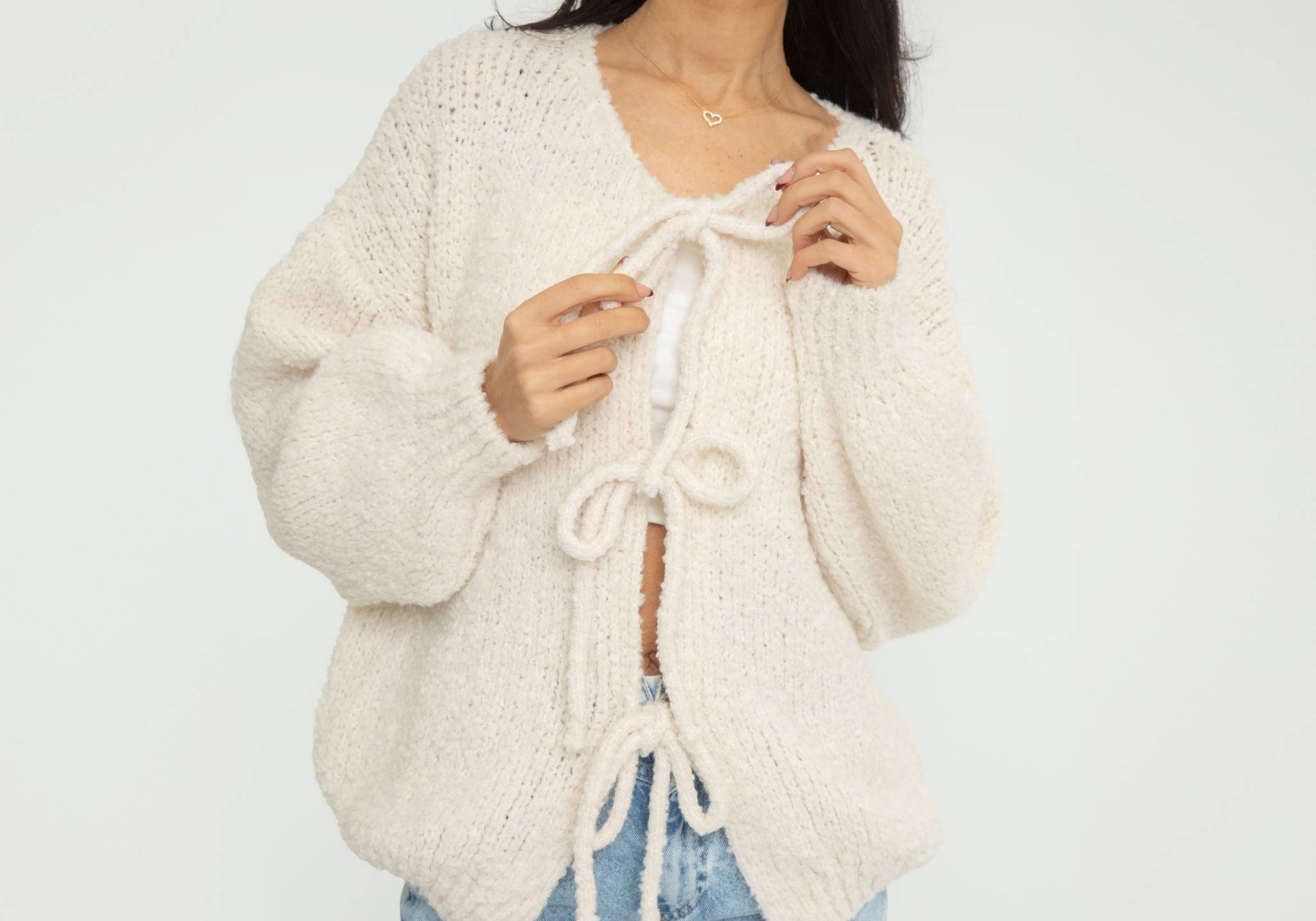 Bouclé Oversized Cardigan mit Schleifen
