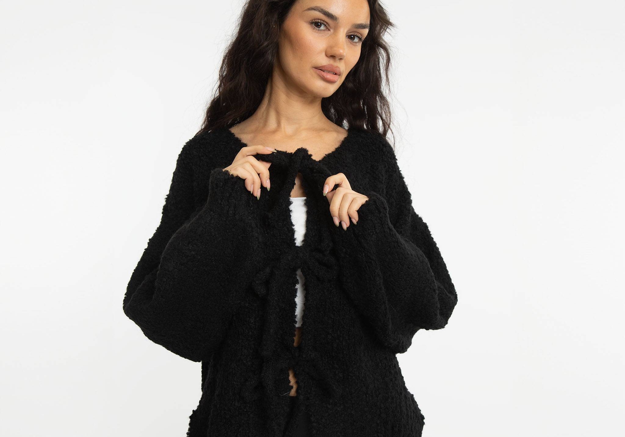 Bouclé Oversized Cardigan mit Schleifen