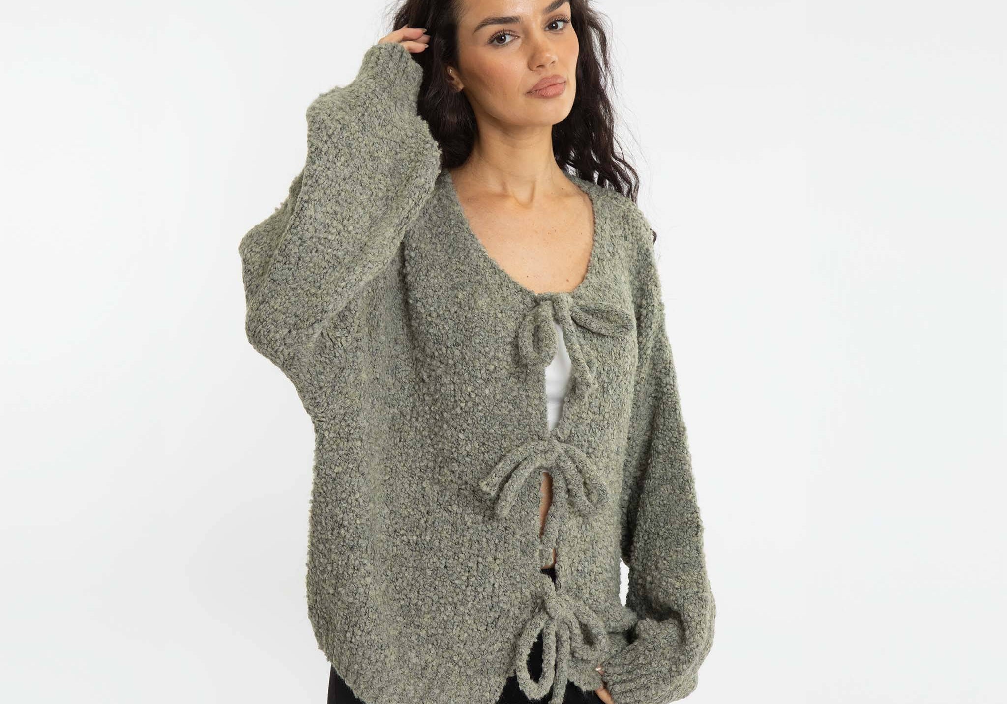 Bouclé Oversized Cardigan mit Schleifen