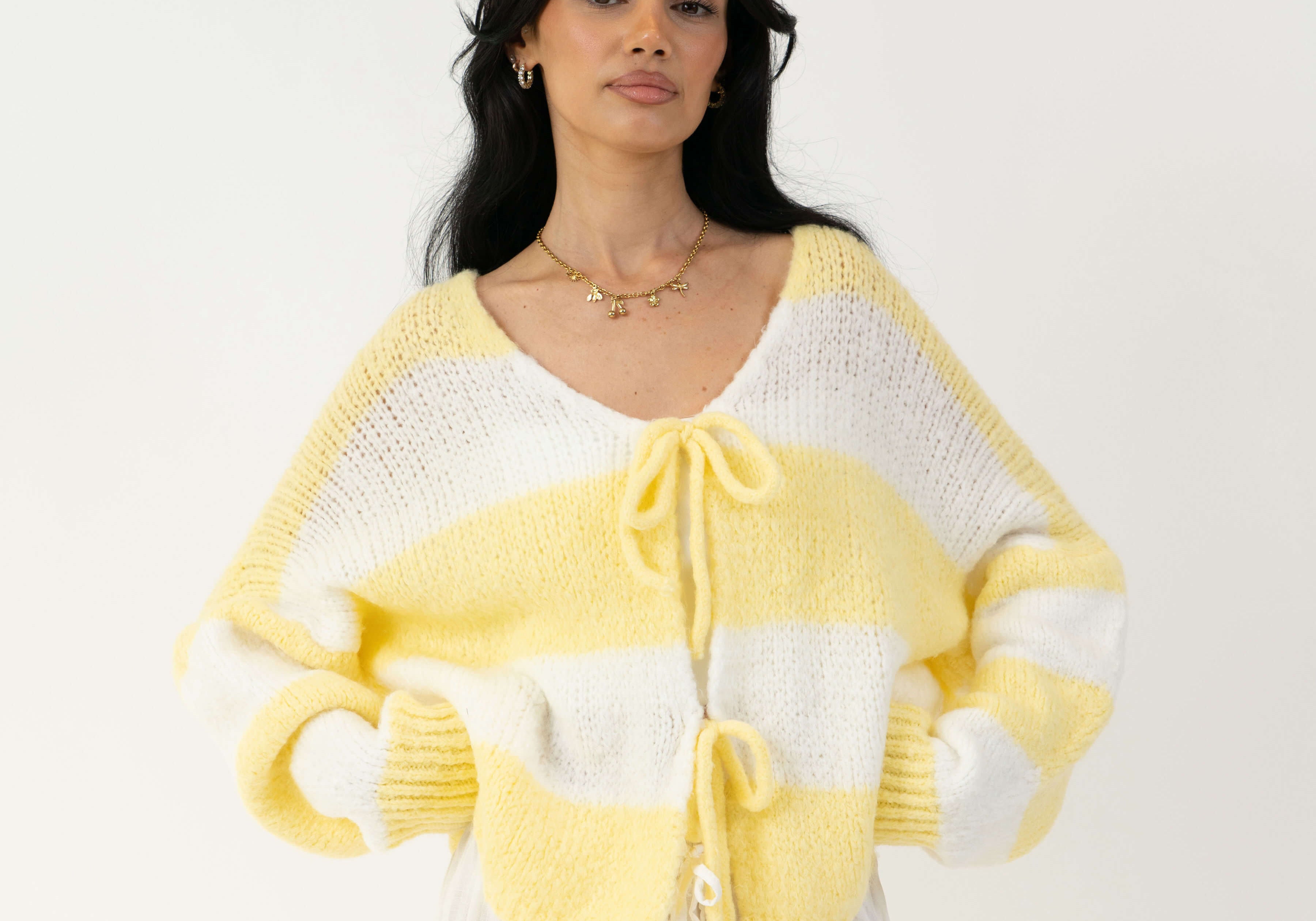 Gestreifter V-Ausschnitt Schleifen Cardigan