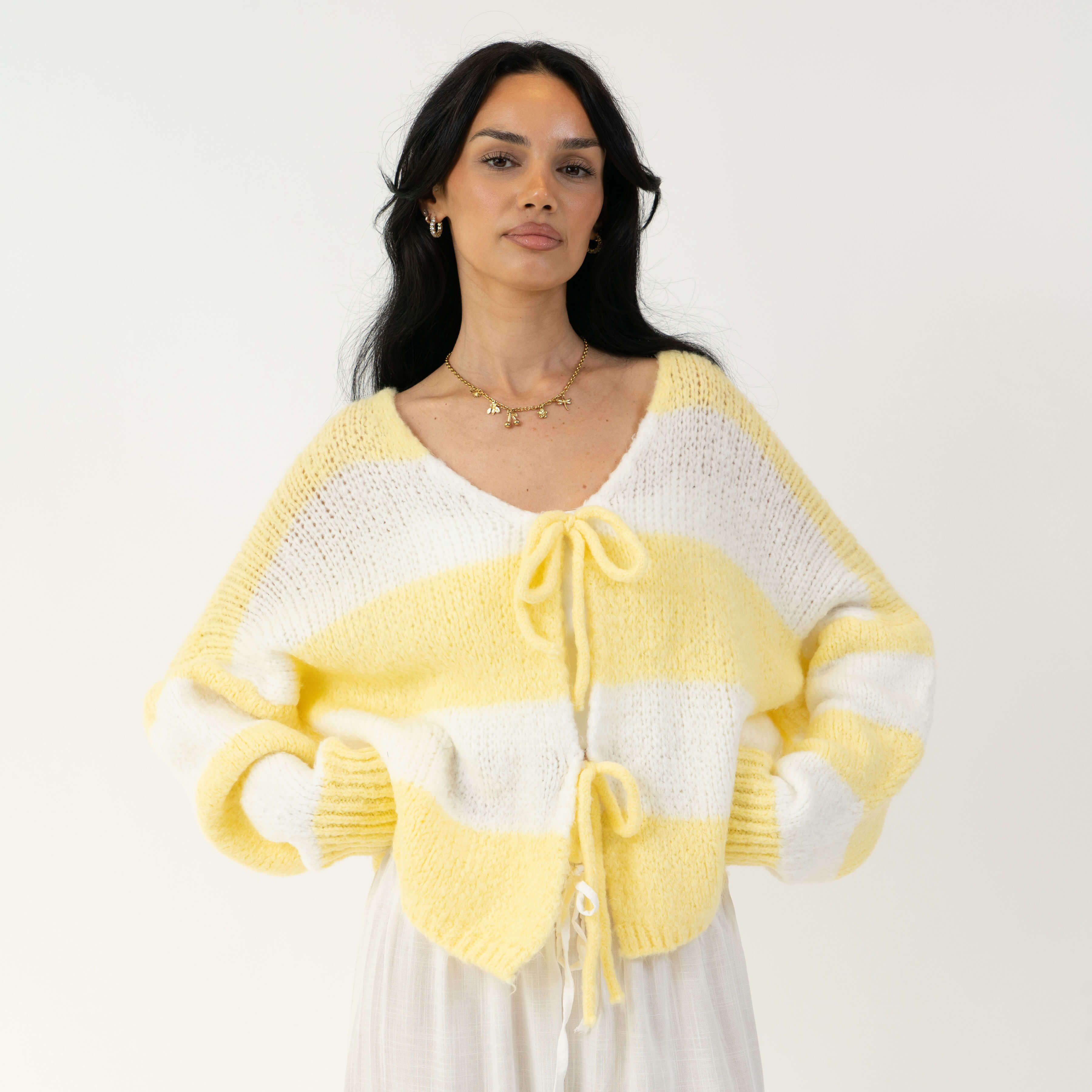 Gestreifter V-Ausschnitt Schleifen Cardigan