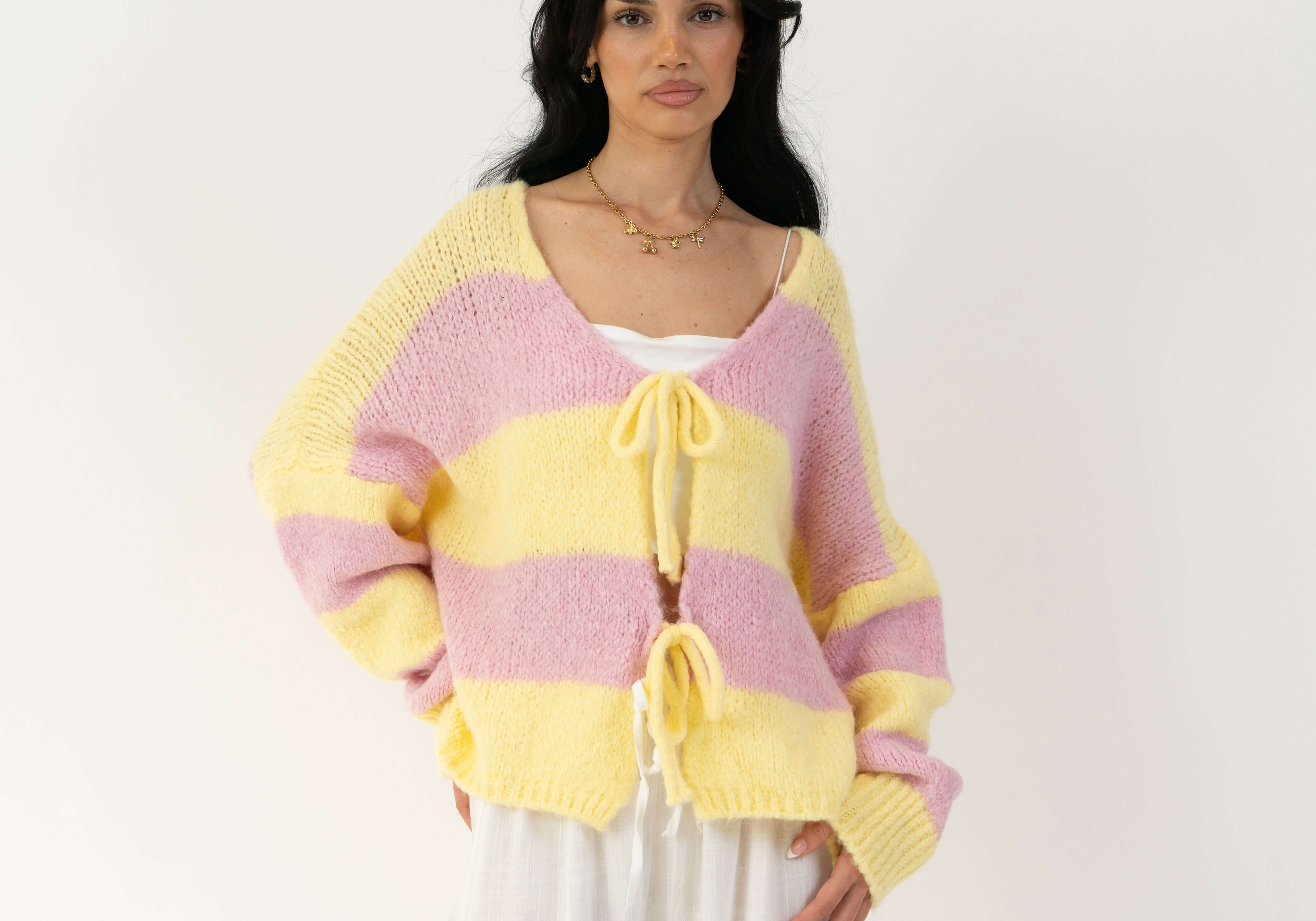 Gestreifter V-Ausschnitt Schleifen Cardigan
