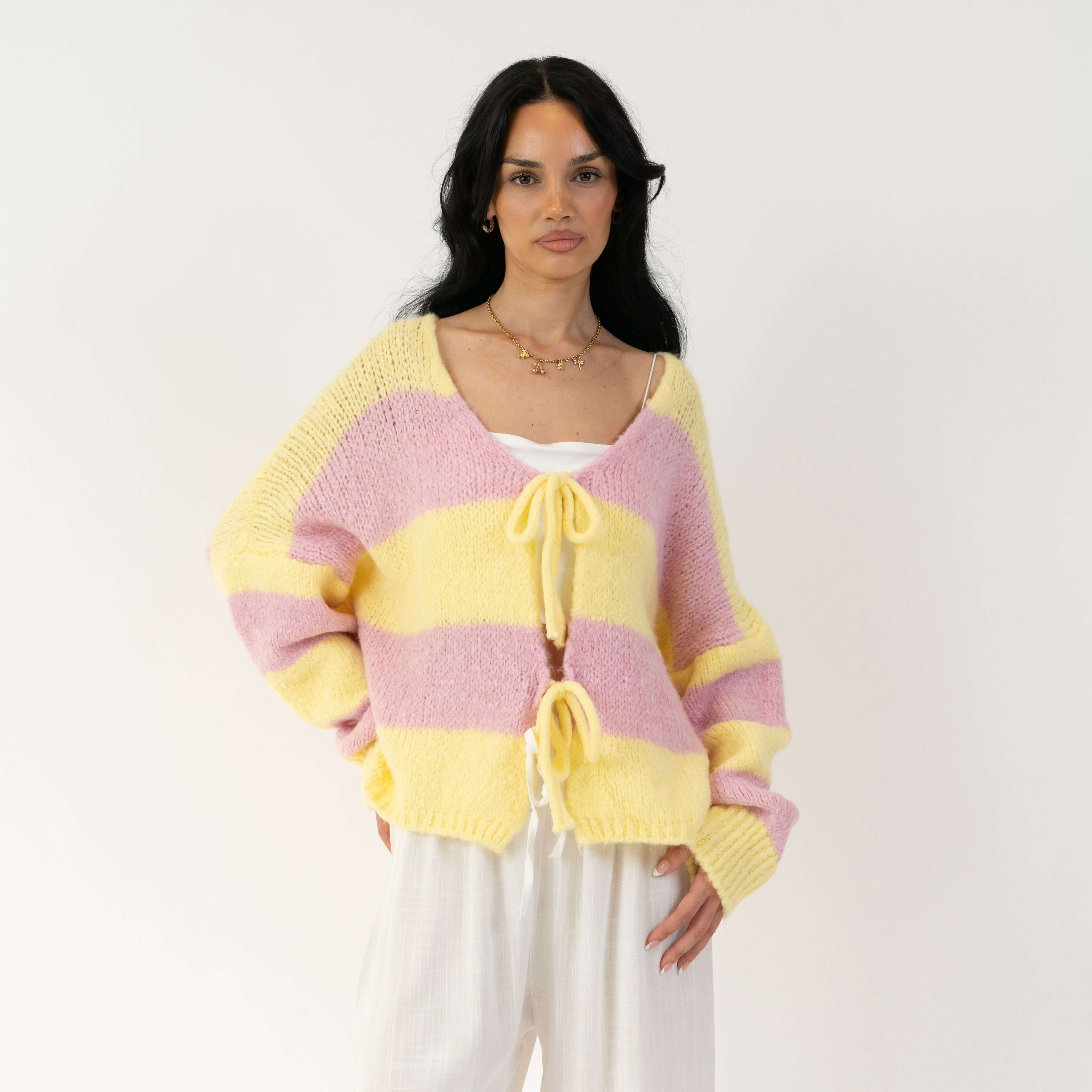 Gestreifter V-Ausschnitt Schleifen Cardigan