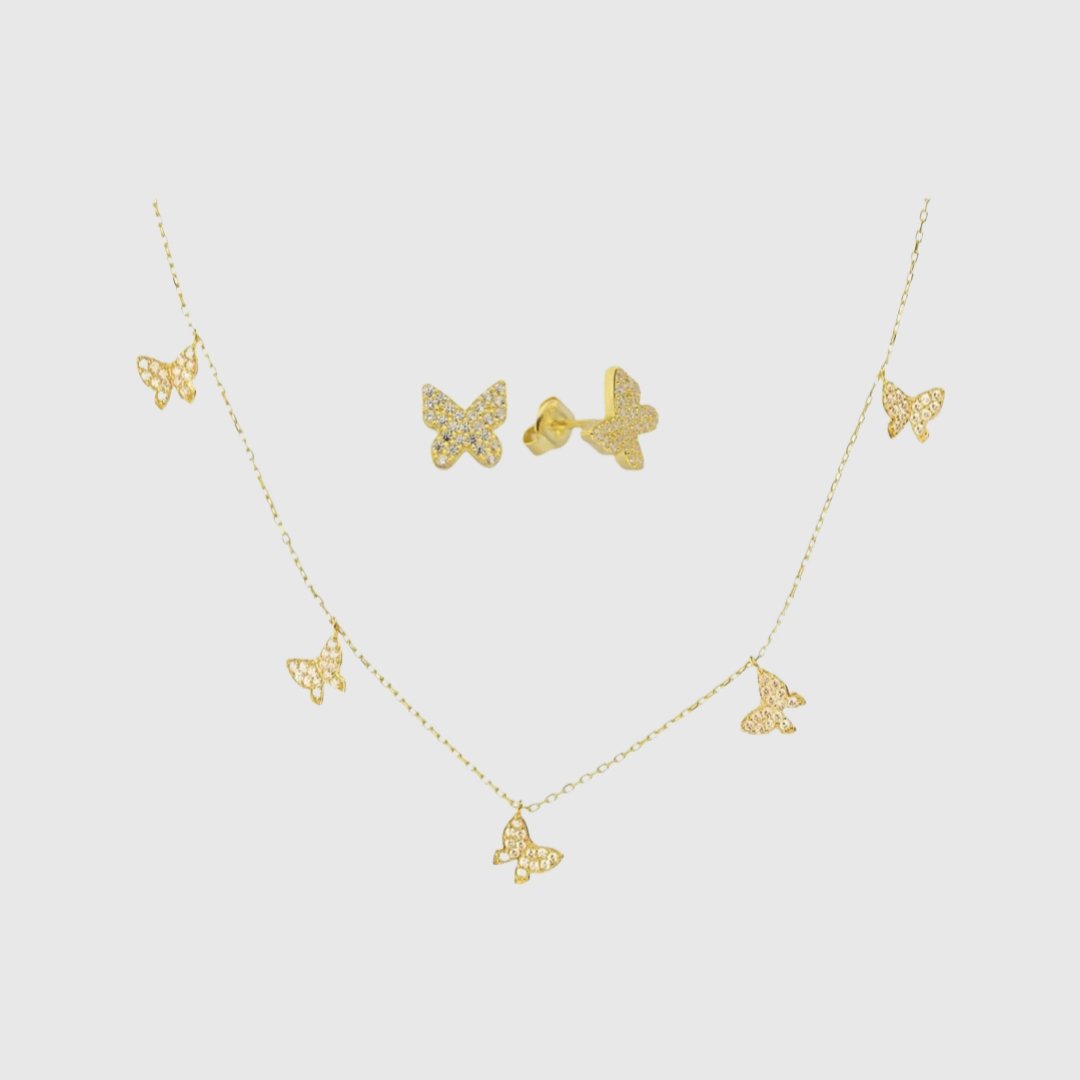 Butterfly Chain & Butterfly Ohrring Set - 14 Karat Gold